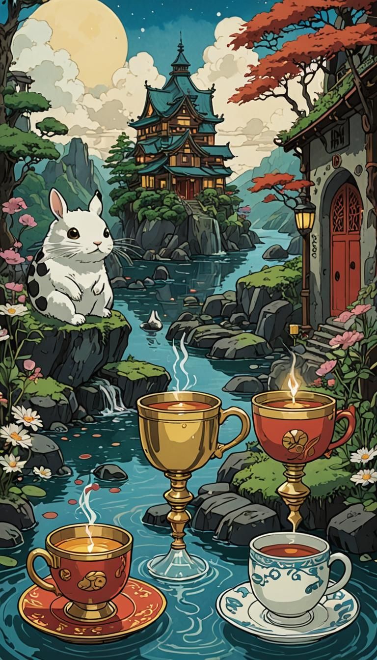 Four of Cups Tarot Card in Ghibli Style