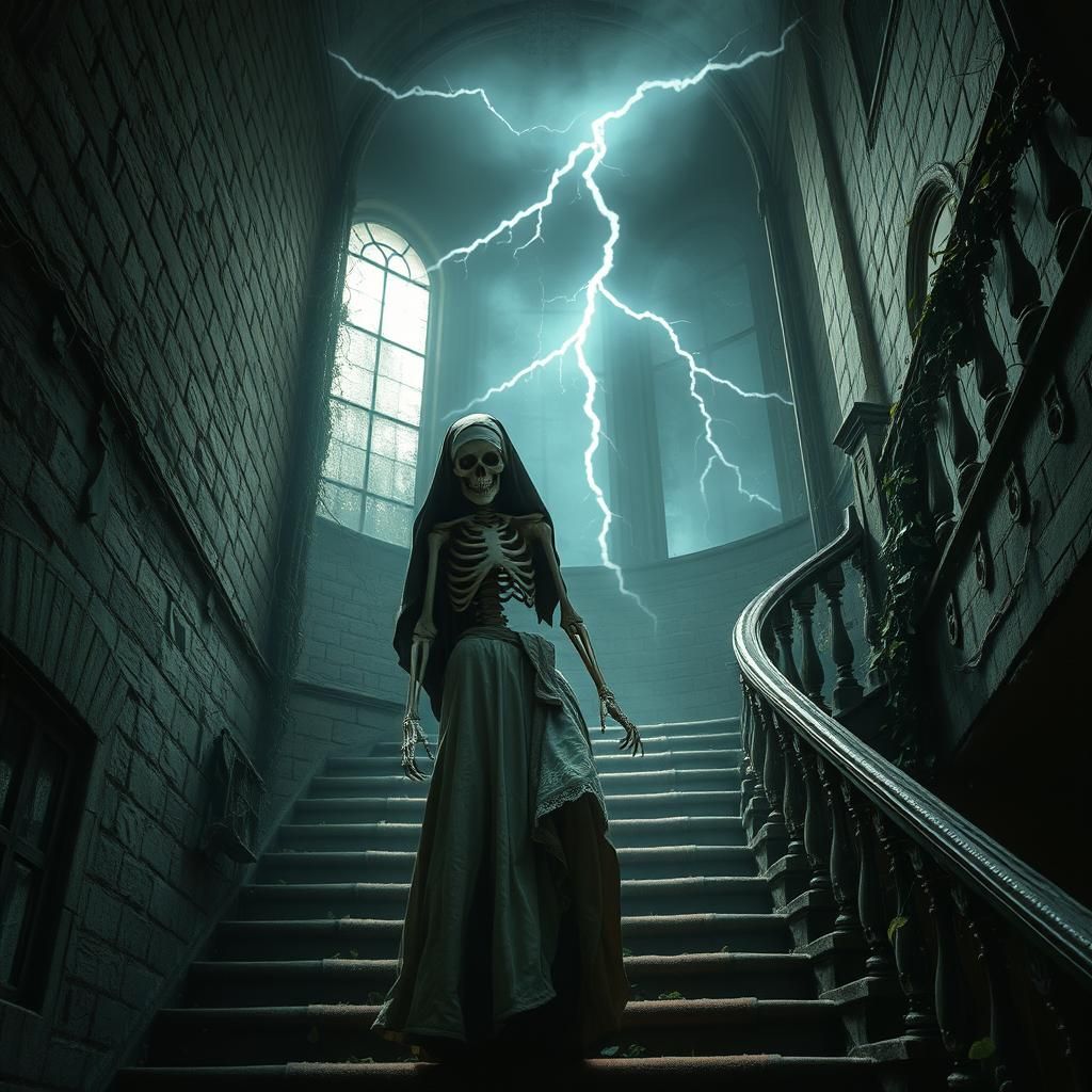 Skeleton Nun Descending Staircase in Storm