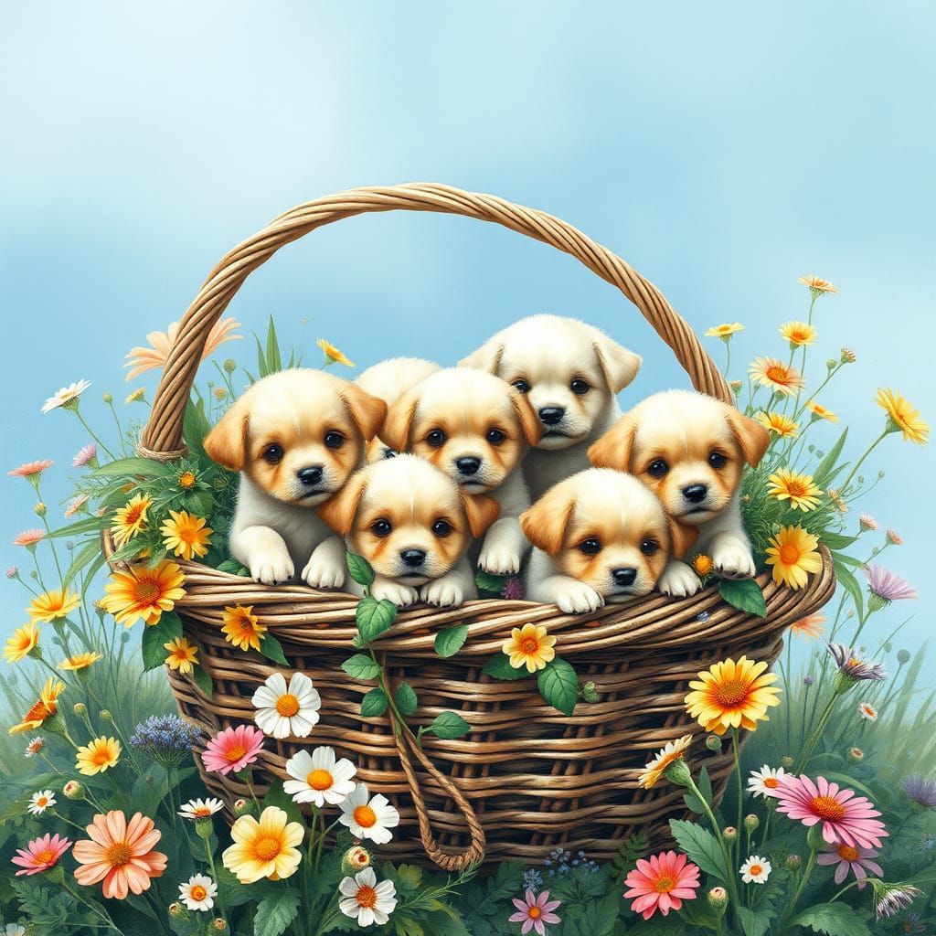 Whimsical Watercolour Fantasy of Fluffy Puppies in a Lush Ga...