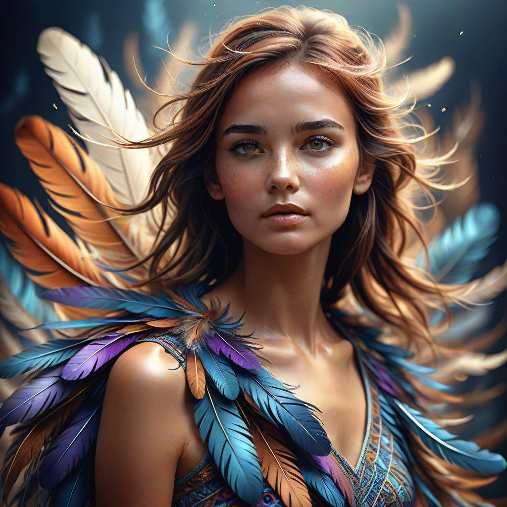 Surreal Portrait of a Woman in Feathers with Vibrant Earth T...