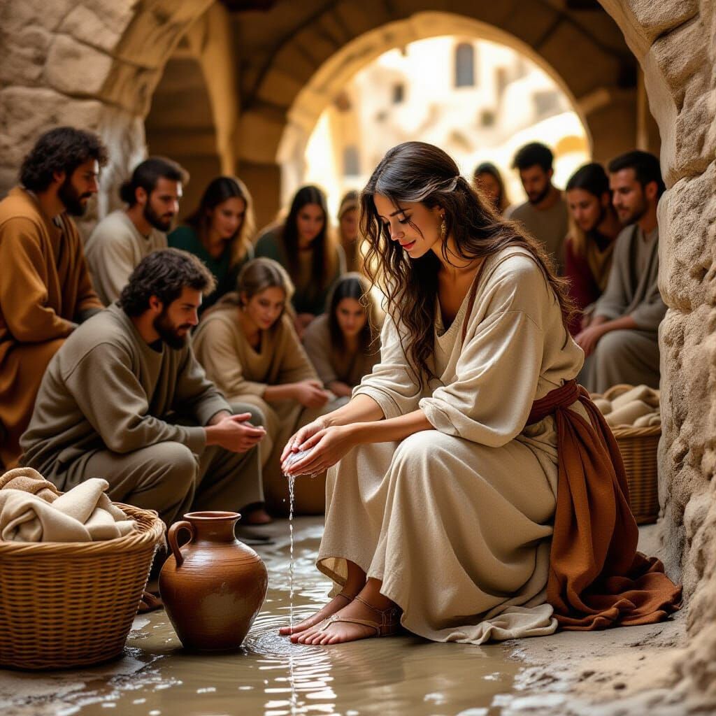 Compassionate Woman Washing Feet in Biblical Style