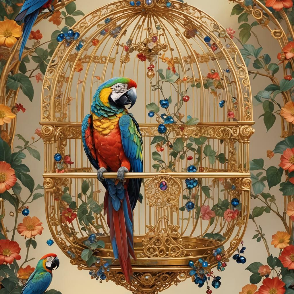Macaw in Jeweled Cage at Sunset: Klimt-Inspired Art
