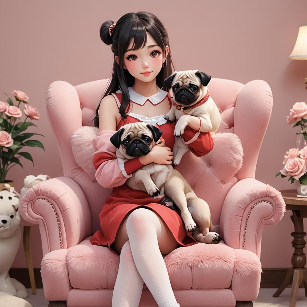 Girl Hugging Pug in Anime 3D Illustration