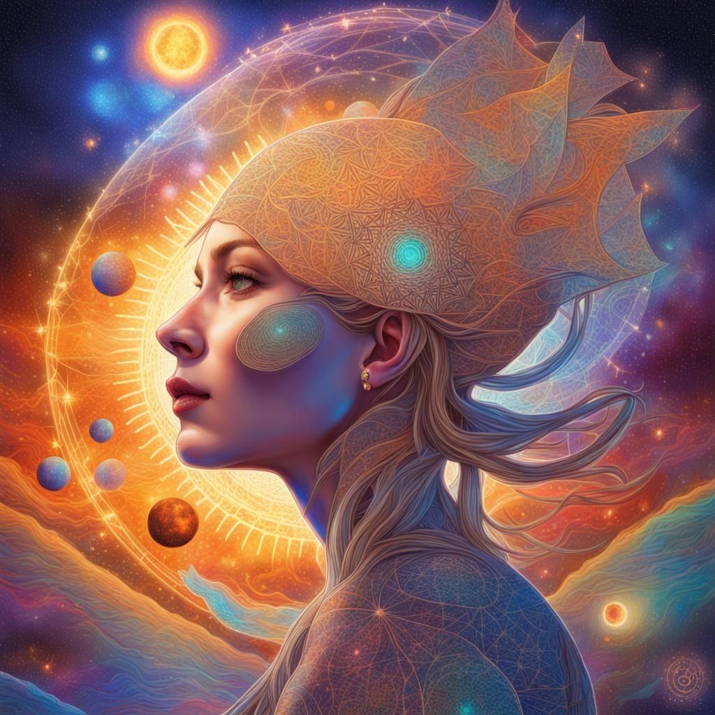 Magical Woman Views Solar System: Cosmic Illustration