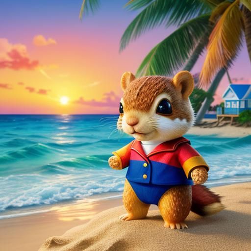 Teddy Squirrel in Sailor Suit on a Beach