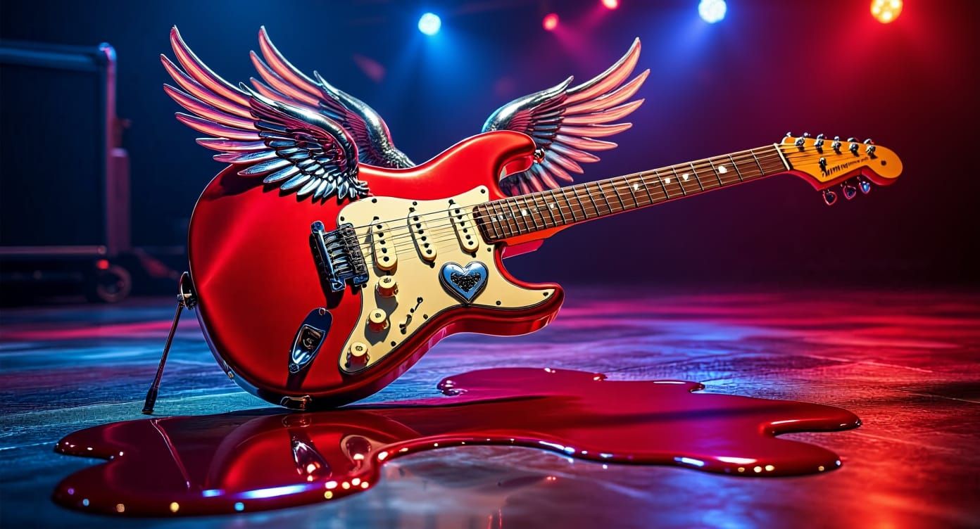 Surreal Chrome Heart Guitar with Angel Wings