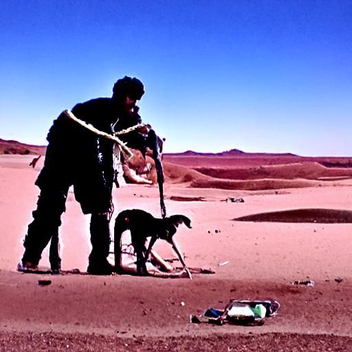 Man and Dog Stranded in Desert Wasteland