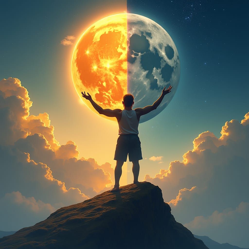 A giant holds the moon in his left hand, the giant holds the sun in his right hand. The giant stands on a mountain. The ...