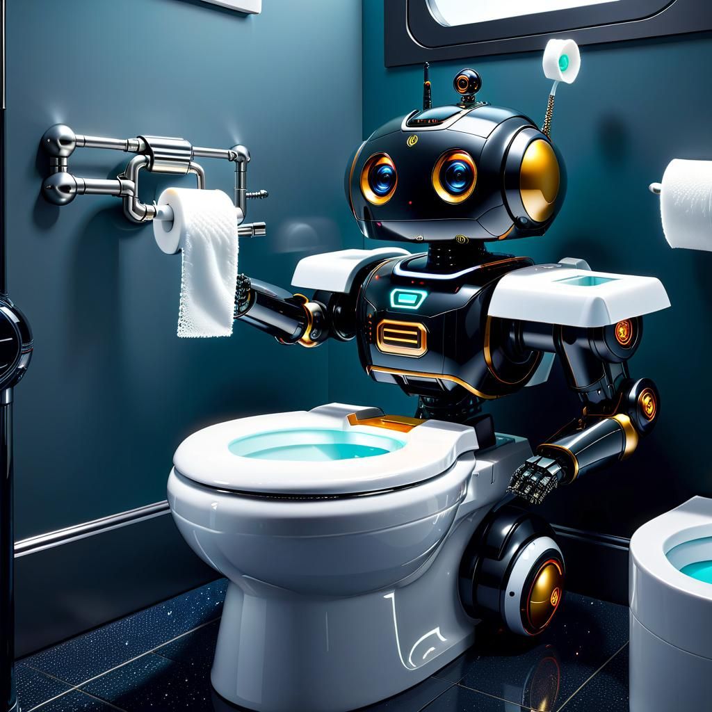 Cute Toilet-Robot Holds Sponge, in Sci-Fi Style