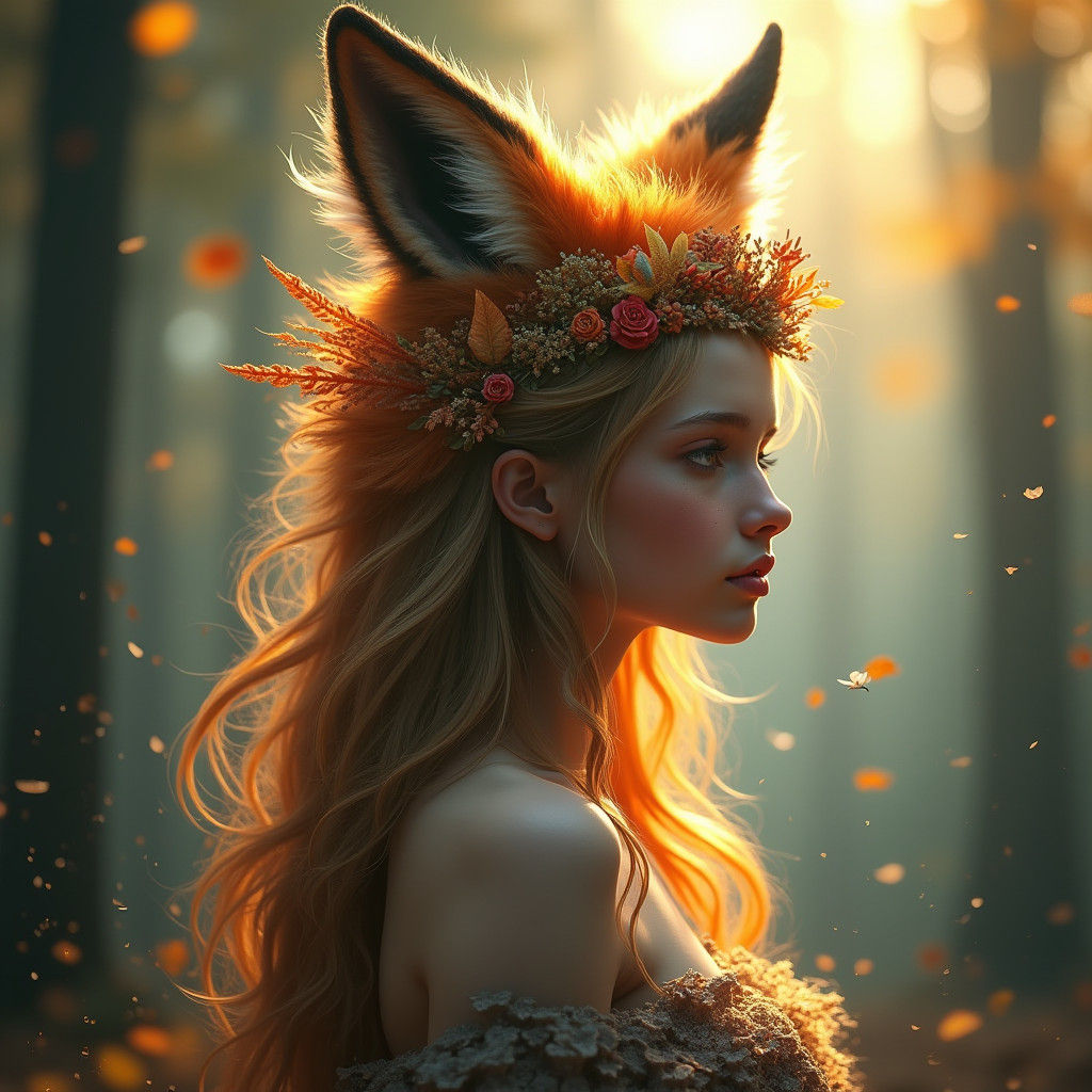 Ethereal Woman with Fox Headdress in Enchanted Forest