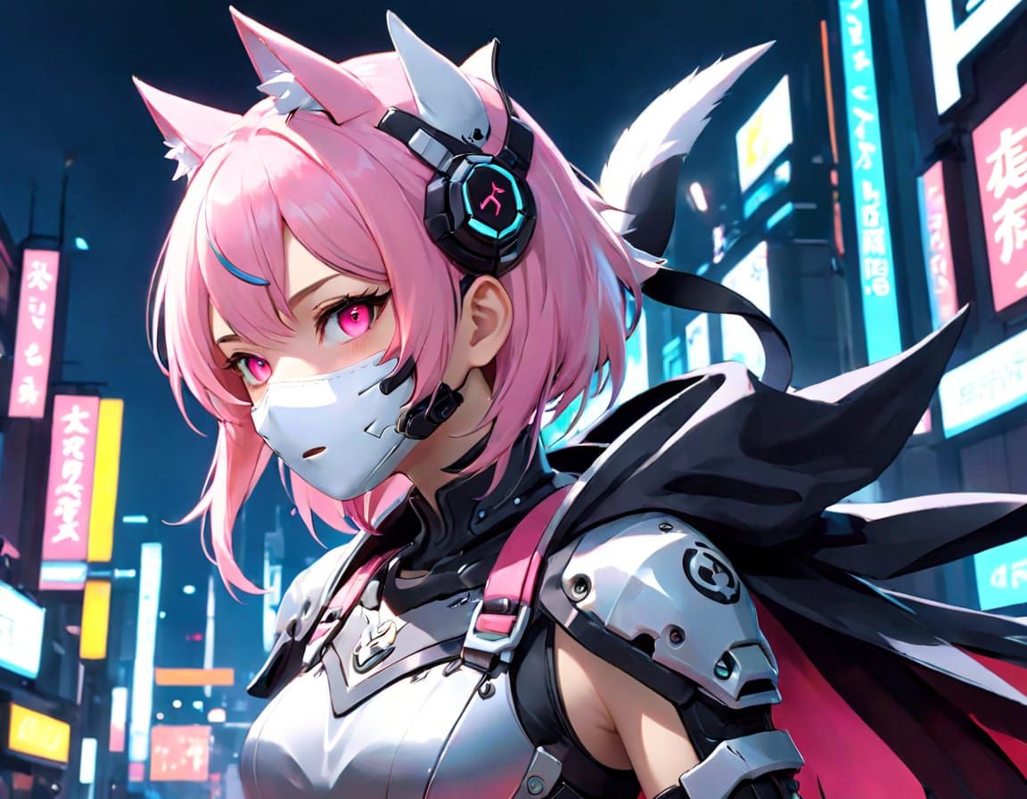 Cyborg Ninja Girl with Oni Mask in Cyberpunk Style