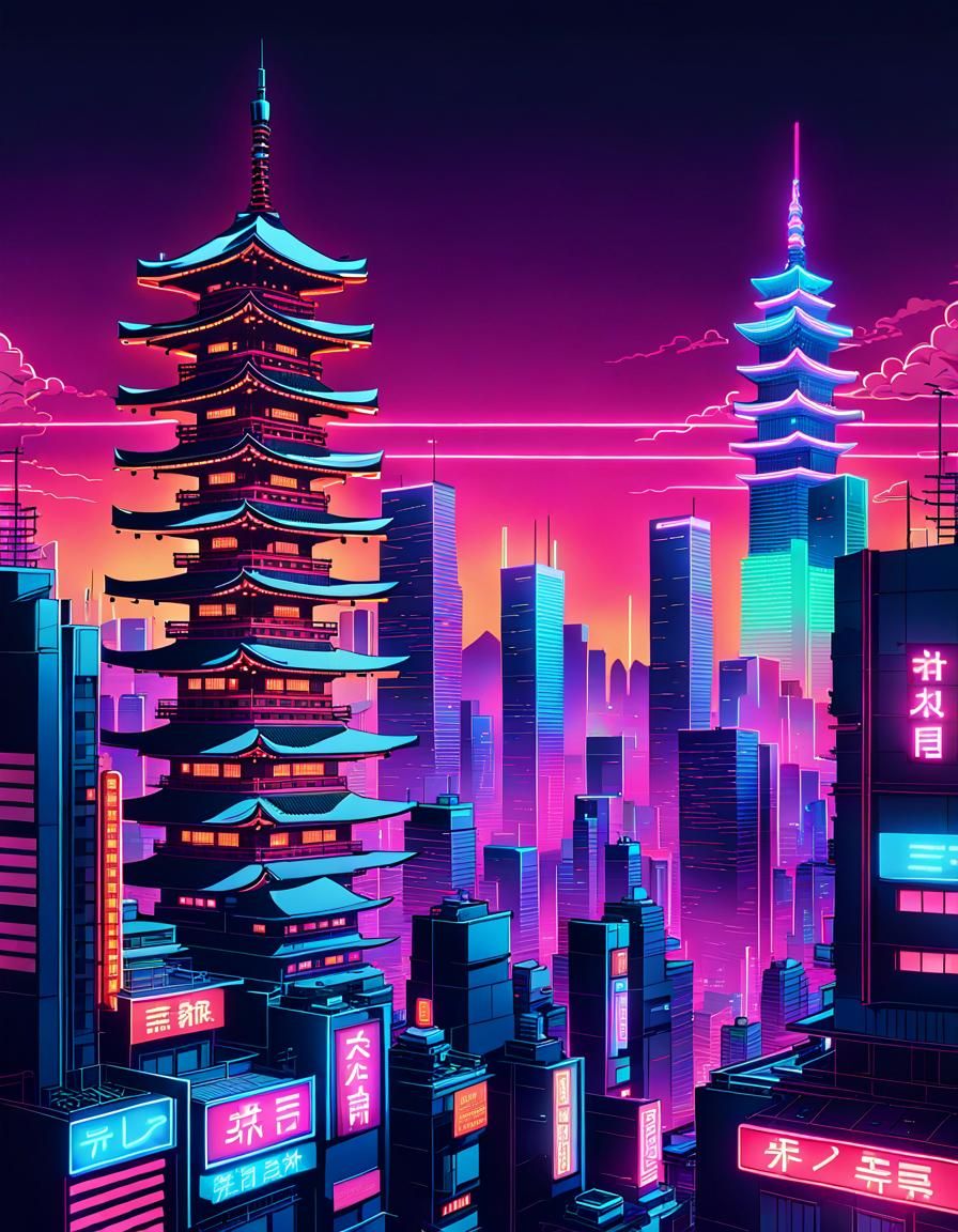 Cyberpunk Japanese Cityscape with Neon Lights