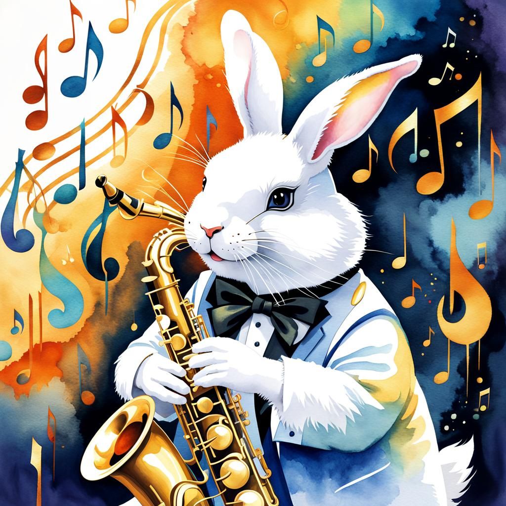 Jazz Rabbit in Zoot Suit: Watercolor Dreamscape