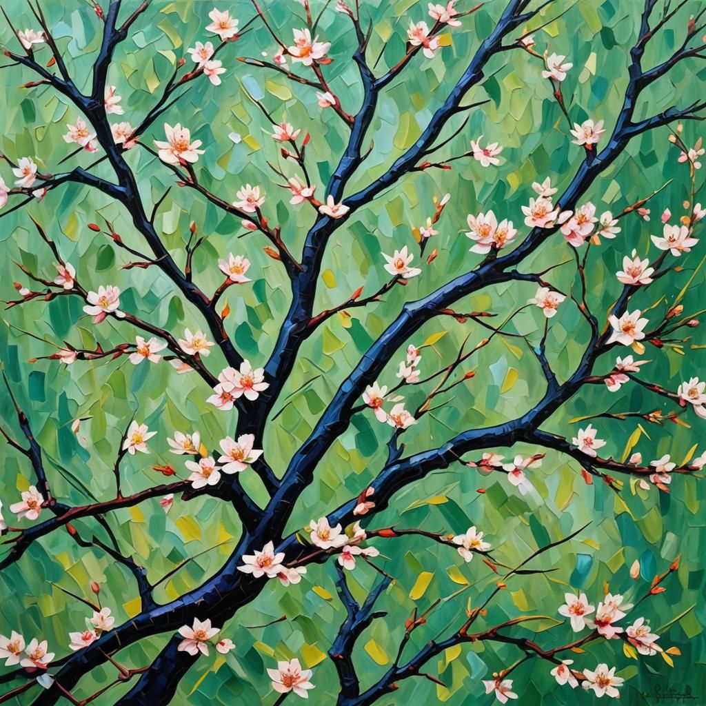 Green Willow and Plum: Neo-Impressionist Oil Painting
