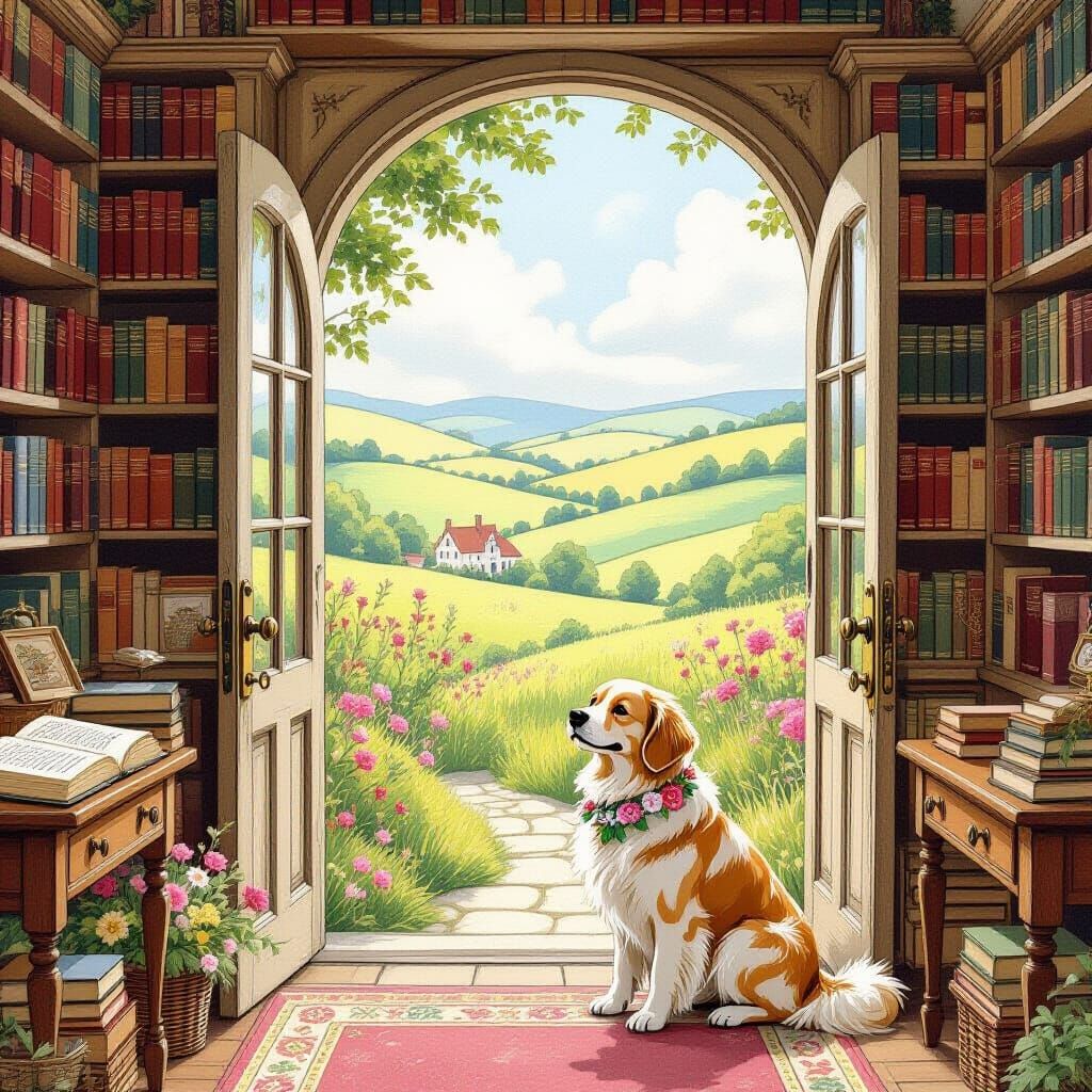 Charming Bookshop Scene with Golden Retriever, Storybook Sty...