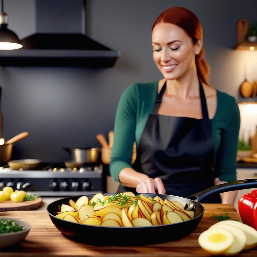 Young Mother Frying Potatoes in Photorealistic Style