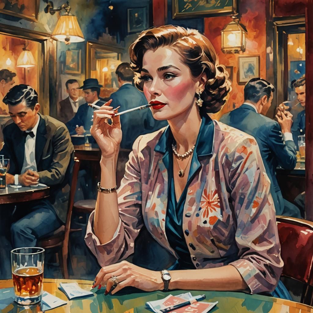 1950s Woman in Jazz Bar, Gouache Watercolor