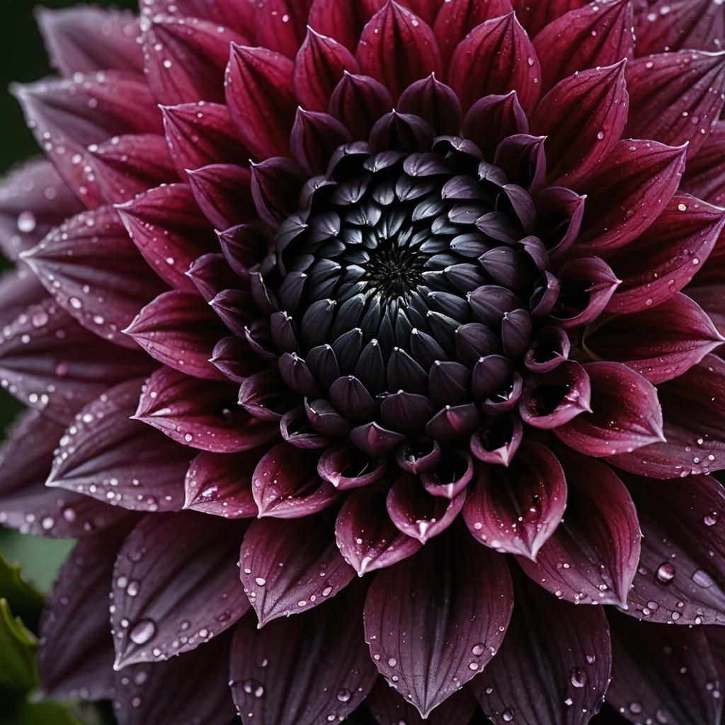 Macro Photo of a Black Dahlia with Dew