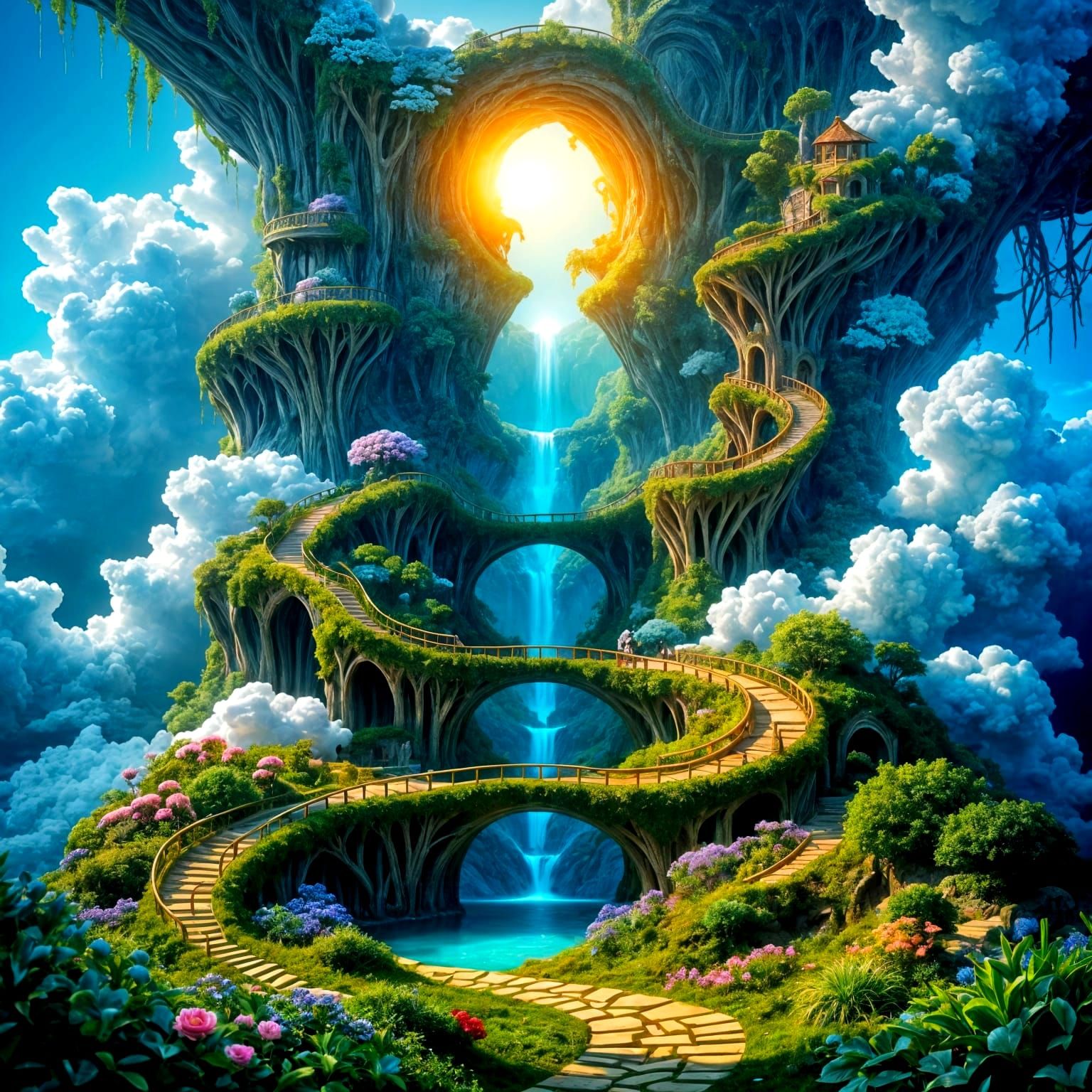 Whimsical Mountain Oasis in Hyperrealistic Style