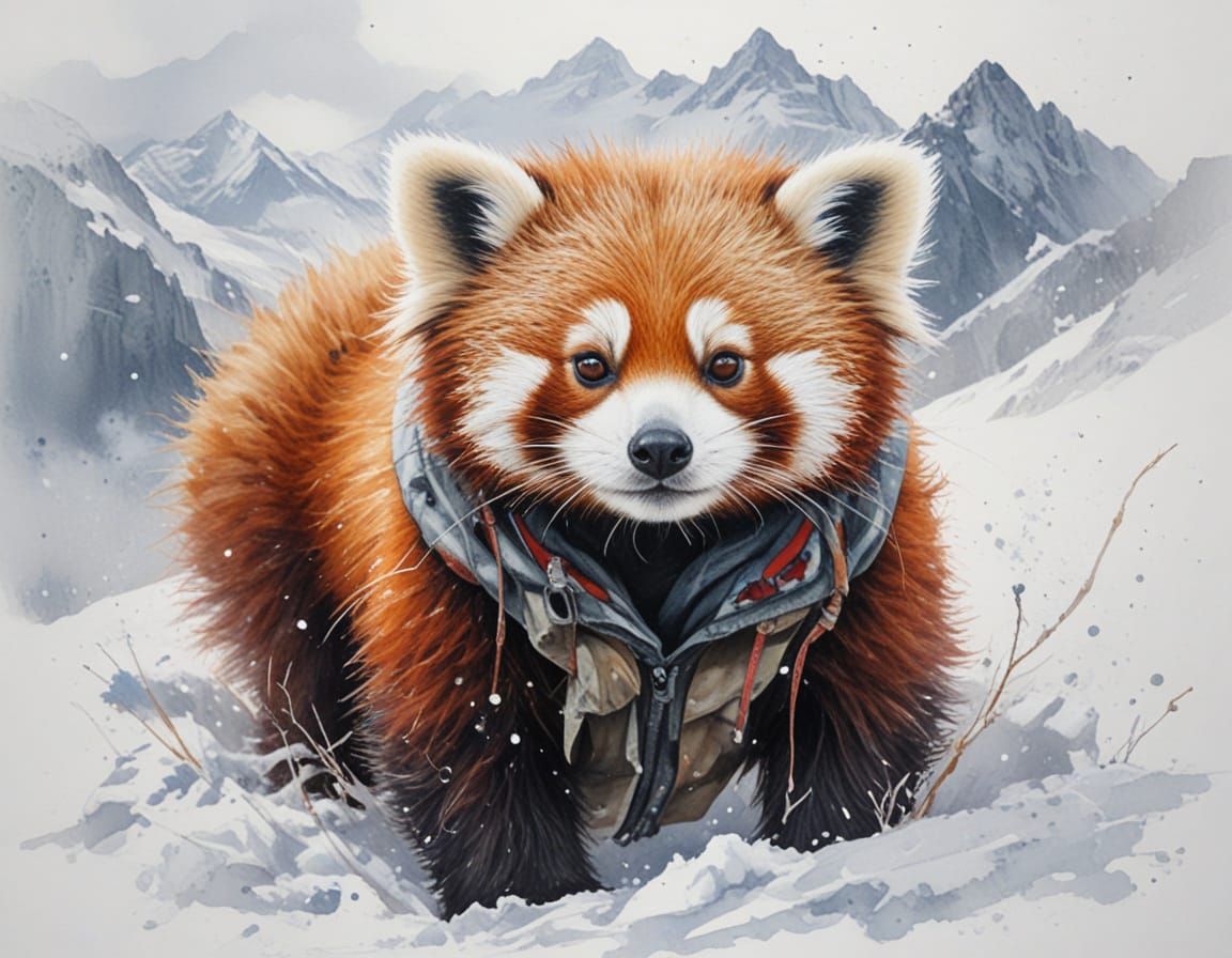 Whimsical Red Panda in Snowy Mountains
