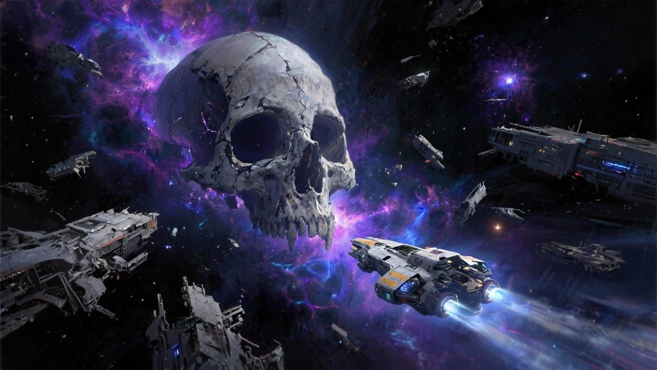 Spaceship Navigates Cosmic Skull Graveyard