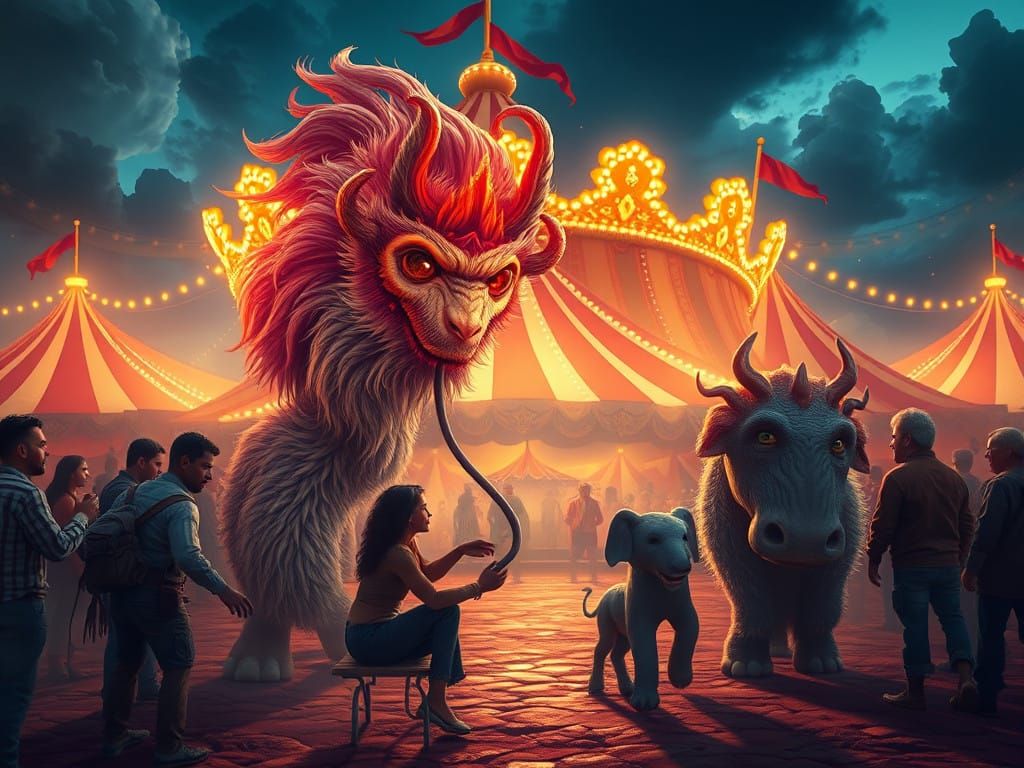 A Photoreal Yeti Family Visits the Vibrant Circus in a Fanta...