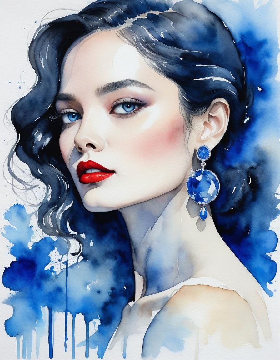 Elegant Woman with Red Lips in Watercolor Painting
