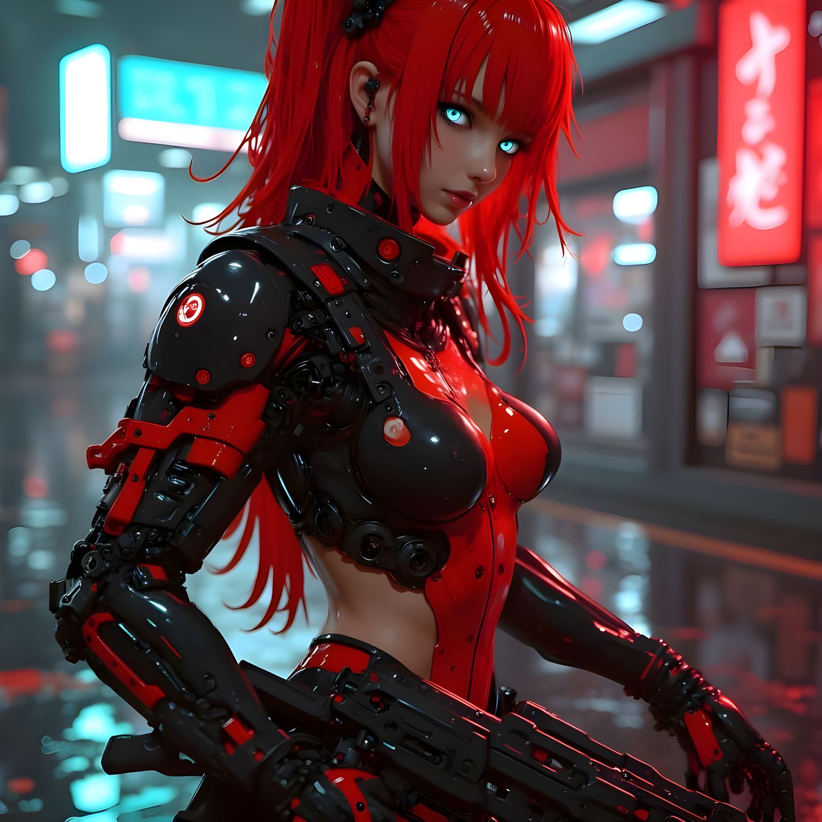 Gritty Cyberpunk Goddess with Red Hair and High-Tech Armor