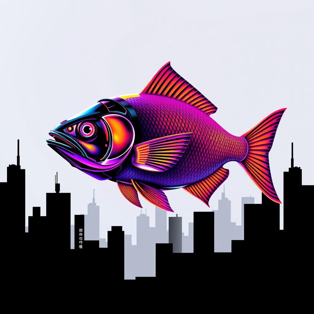 Cyberpunk Cyborg Fish in Futuristic Cityscape