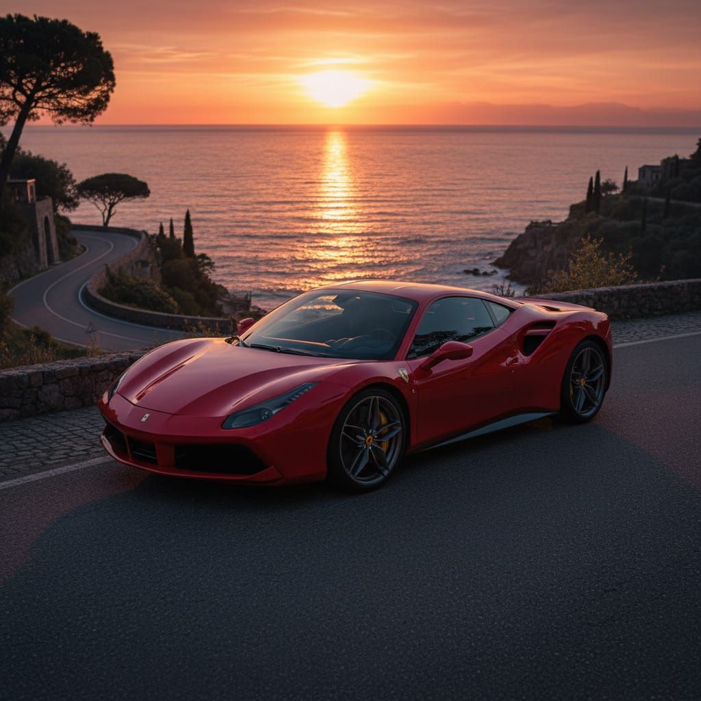 Red Ferrari 488 GTB on Italian Coast at Golden Hour