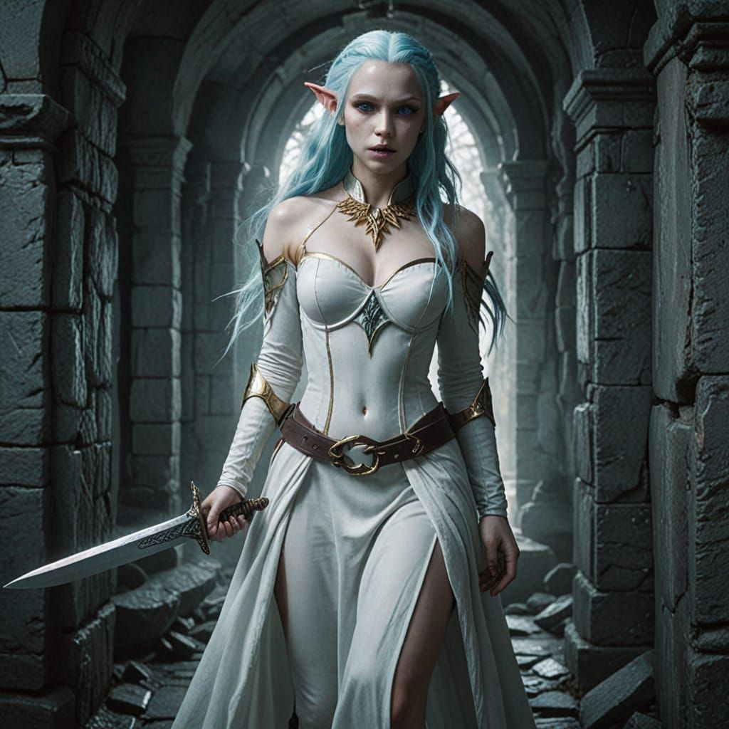 Albino Elf's Quest Through Lost Corridor in Dark Fantasy Sty...