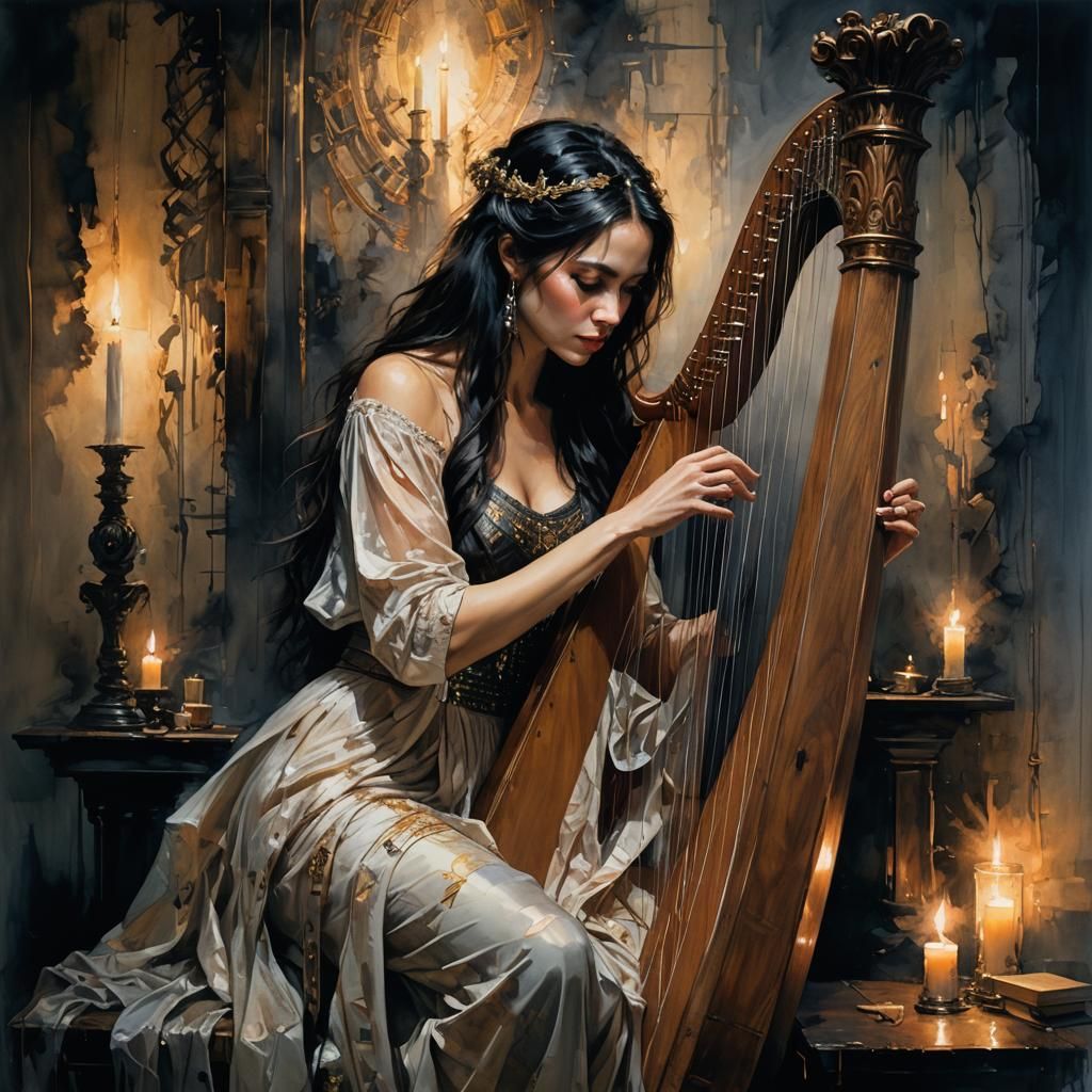 Dark Haired Woman Plays Harp in Candlelight