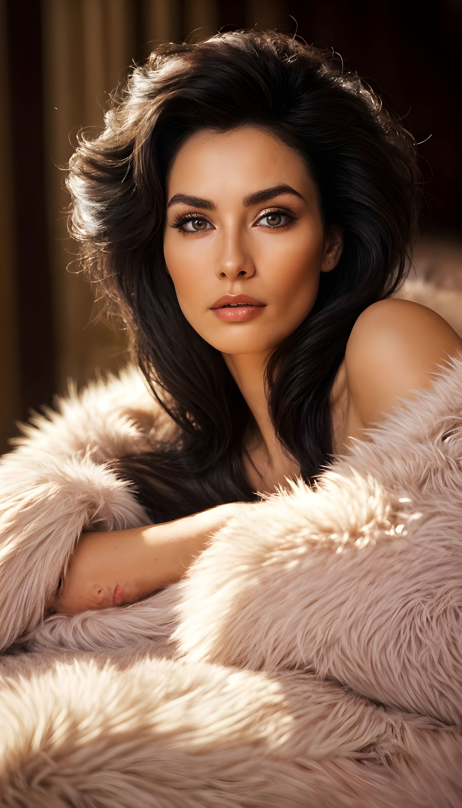 Woman on Pink Fur Blanket, Alluring Portrait