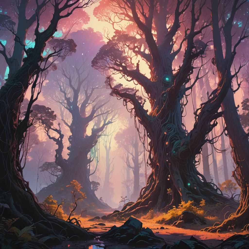 Enchanted Forest with Iridescent Mist, Synthwave Art