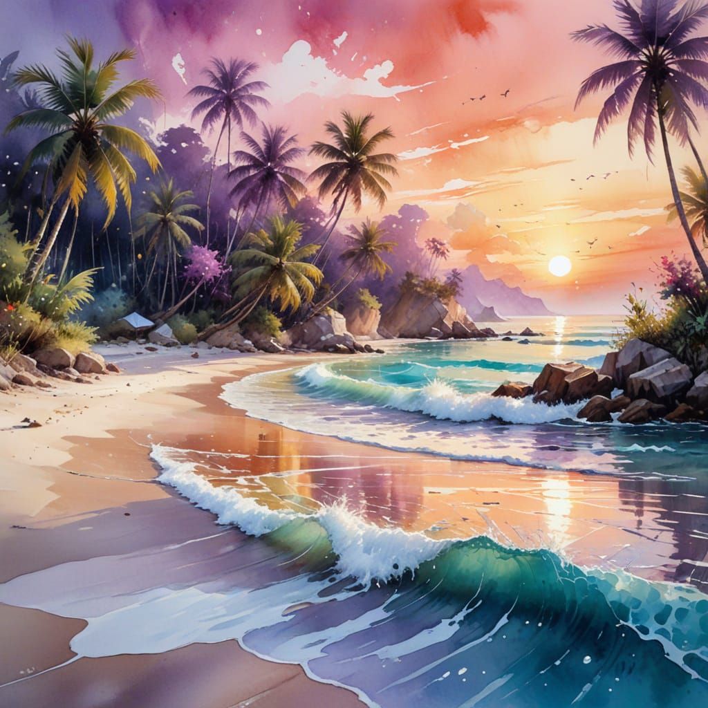 Ngapali Beach Sunset in Myanmar: Tropical Watercolor Paradis...