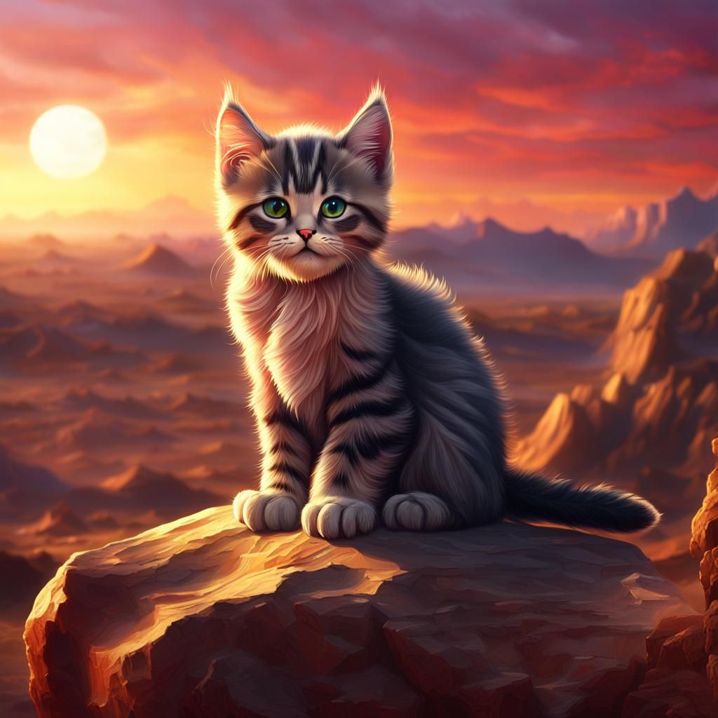 Grumpy Kitten at Sunset: Detailed Matte Painting