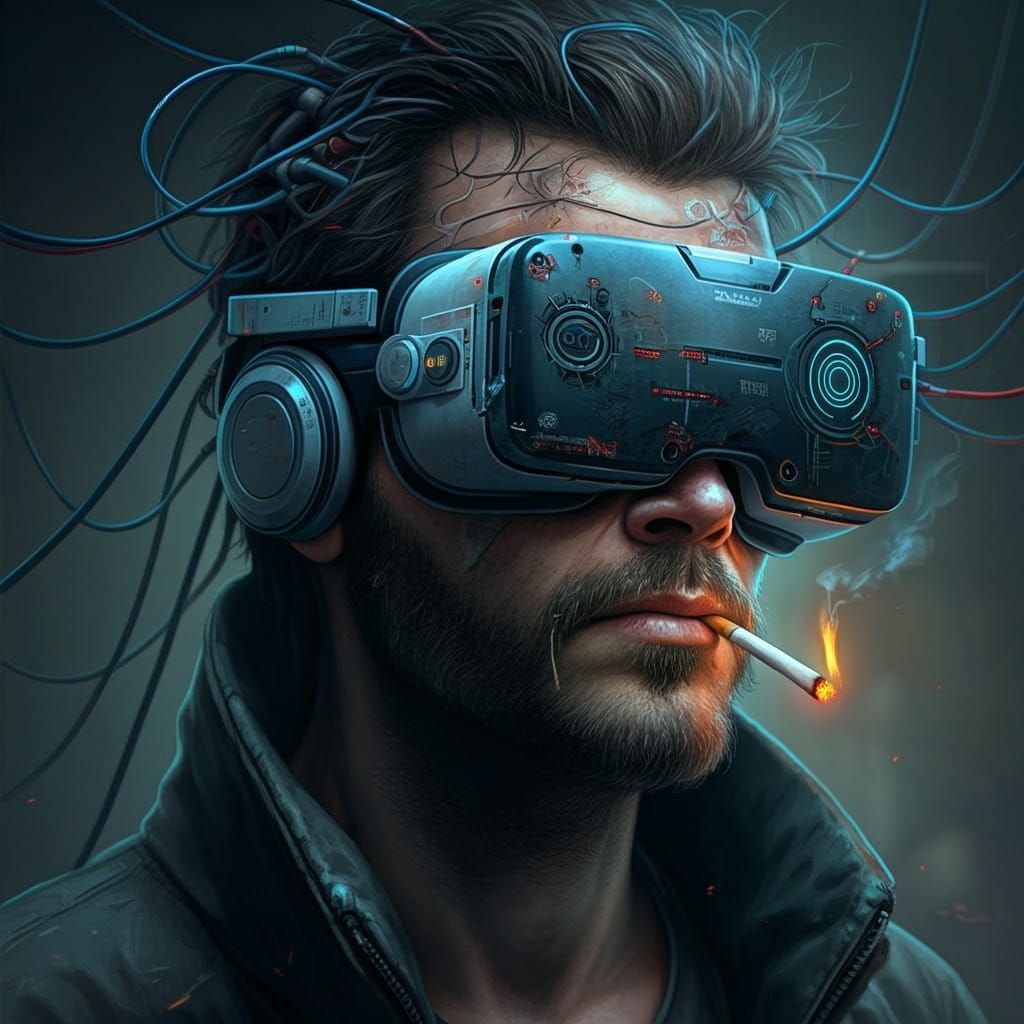 Cyberpunk VR User in Dystopian Decay