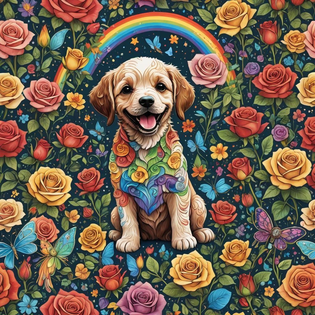 Whimsical Fairy Garden with Rainbow Rose and Adorable Puppy