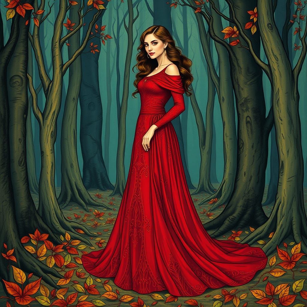 Woman in Scarlet Dress, Art Nouveau Style