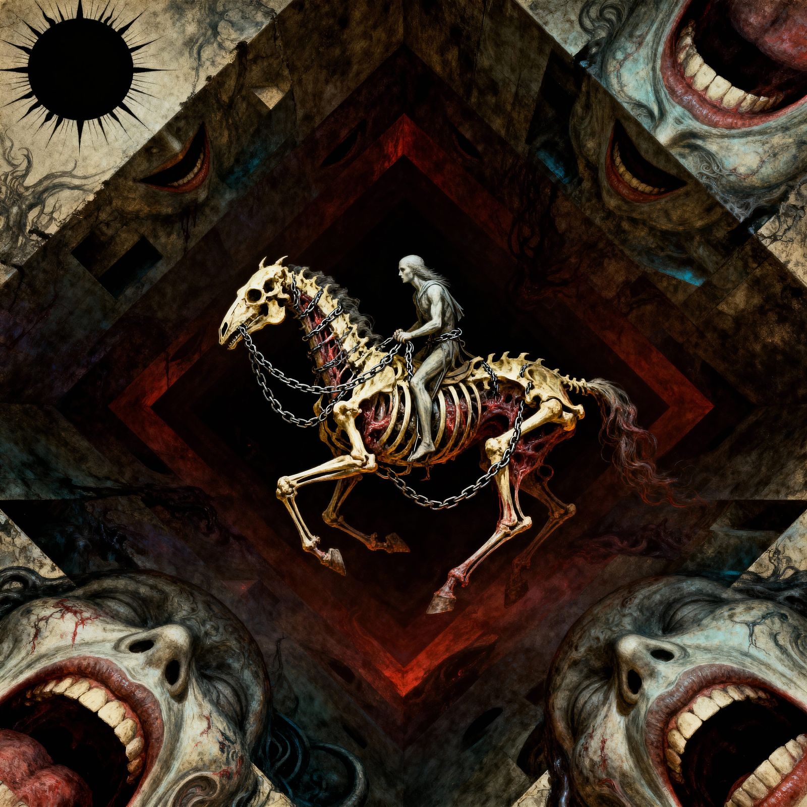 Cosmic Horror Rider in Void, Bone Chains, Dark Art Style