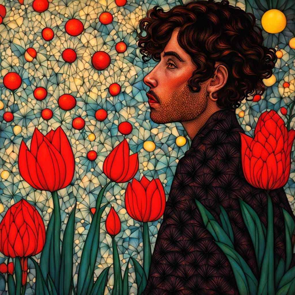 The Man in Red Amidst Whimsical Tulips in Dreamlike Kusama-I...