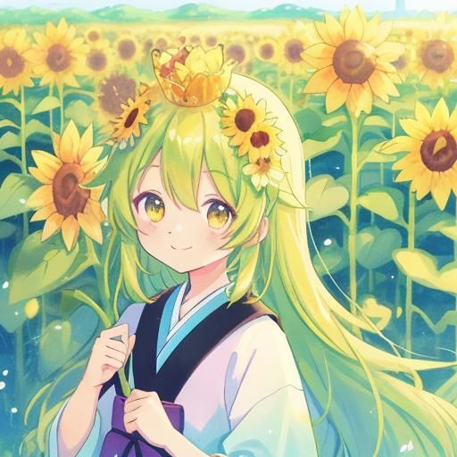 Anime Girl with Sunflower Crown in Meadow