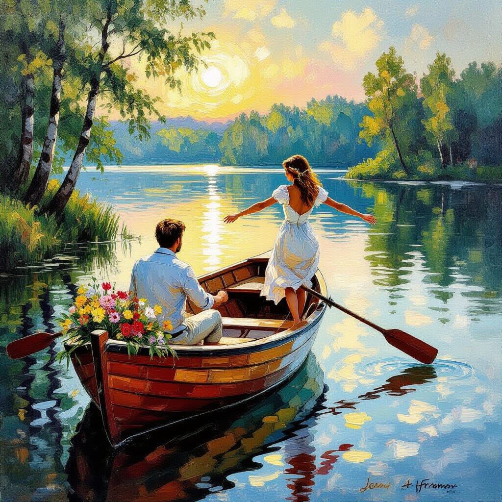 Tranquil Forest Lake with Vintage Rowboat in Impasto Style