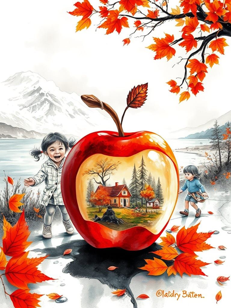 Autumn Joy: Children's Winter Landscape in Ink Wash Style