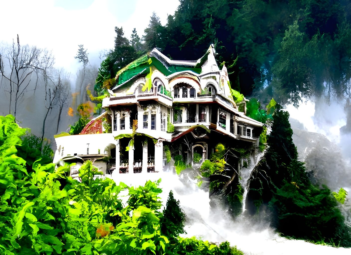 Mystic Victorian House on Cliffside with Waterfalls