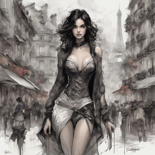 Beautiful Woman in Paris: Ink and Splash Art Portrait