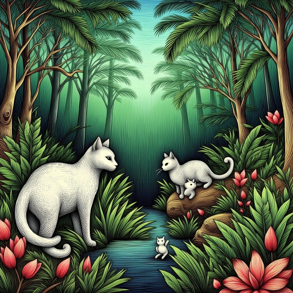 Cats in a Lush Paradise Garden, in Naive Art Style