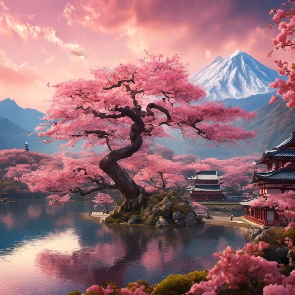Ancient Sakura Tree by Lake with Temples