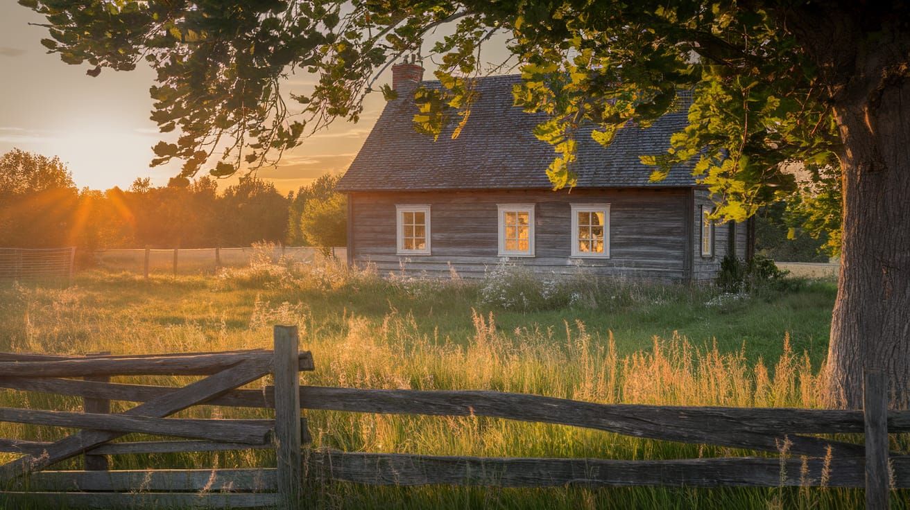 Cottage at Sunset in Impressionist Style