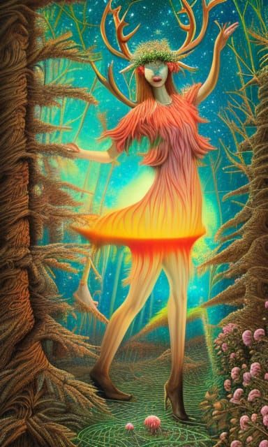 Woman-Deer Hybrid on Stargazing Platform, Surreal Art